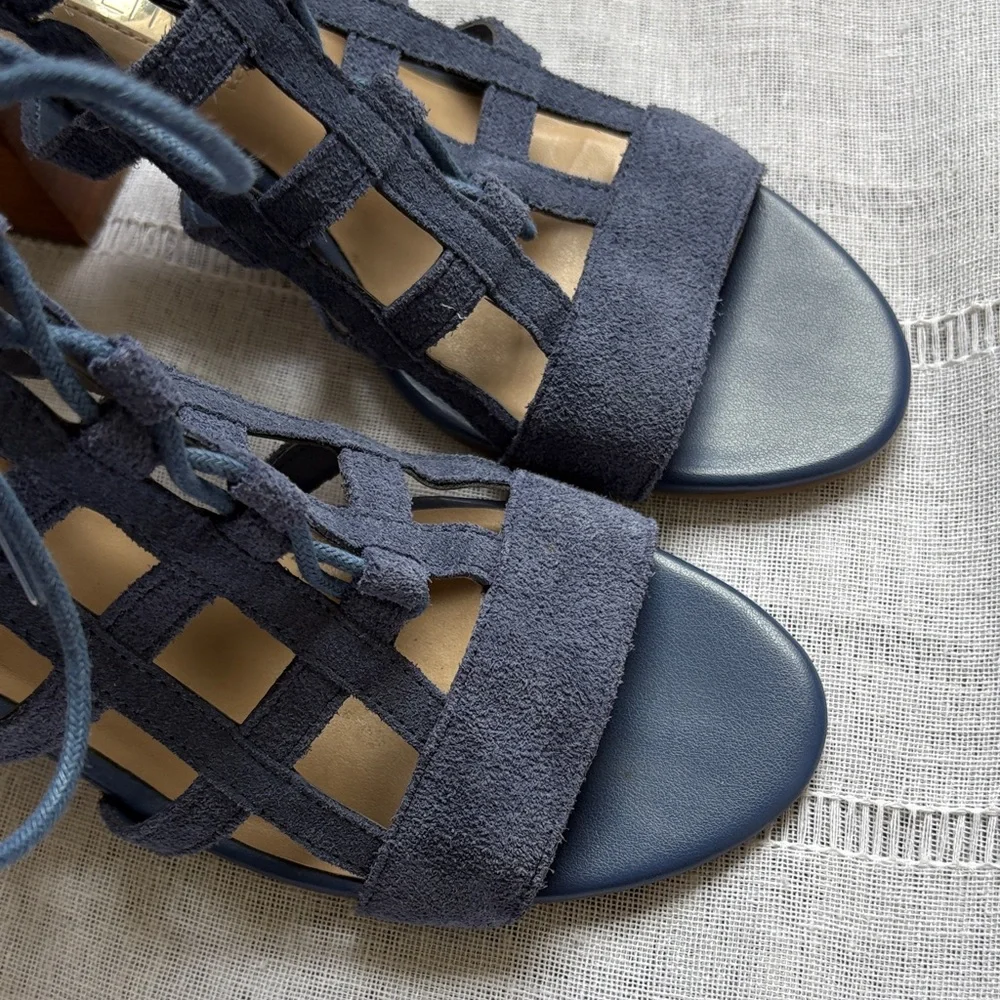Aubrey Lynn blue suede gladiator-style heels with a tie and zip closure